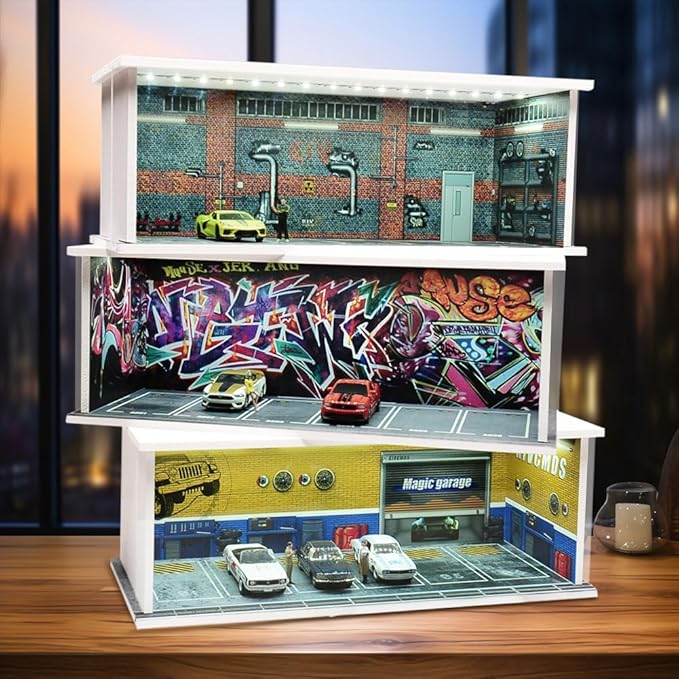 1/64 Model Car Display Case Diecast Diorama Garage，Simulated Parking Lot Model Miniature Scene Parking Lot PVC Assembly with Light Parking Space Model Display Frame Toy Display Box (Grey)