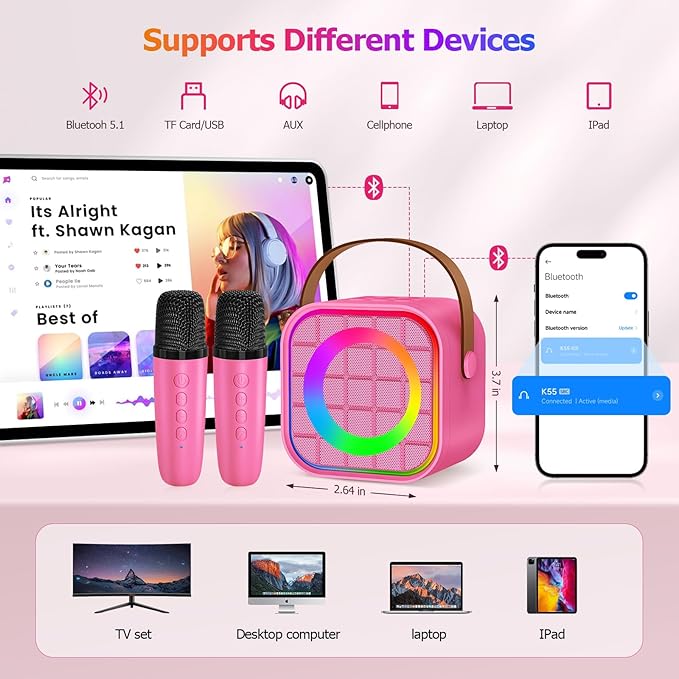 Mini Karaoke Machine with 2 Wireless Microphones for Kids Adults, Portable Bluetooth Singing Speaker Birthday Fun Gift for Girls Boys Ages 4,5,6,7,8,9,10+ Year Old, Toys for Party (Hotpink)