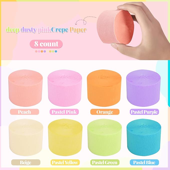 Crepe Paper Streamers, 8 Rolls Pastel Streamers Party Decorations, Party Streamer for Pastel Birthday Party Decorations, Wedding Bridal Baby Shower Decorations