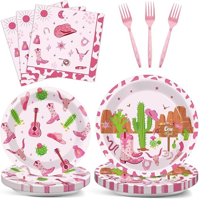 96Pcs Western Cowgirl Party Supplies Paper Plates Napkins Pink Cowgirl Bachelorette Cactus Party Tableware Set Wild West Rodeo Birthday Decorations Favors for Kids Baby Shower Farm Decor Serves 24