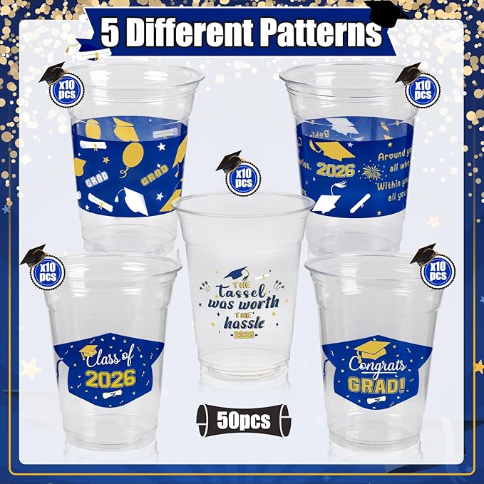 GuassLee Blue and Gold Graduation Decorations 2026 Party Cups - 50pcs 12 Oz Blue Gold Yellow Disposable Graduation Plastic Cups for Drinks Class of 2026 Grad Party Favors Supplies