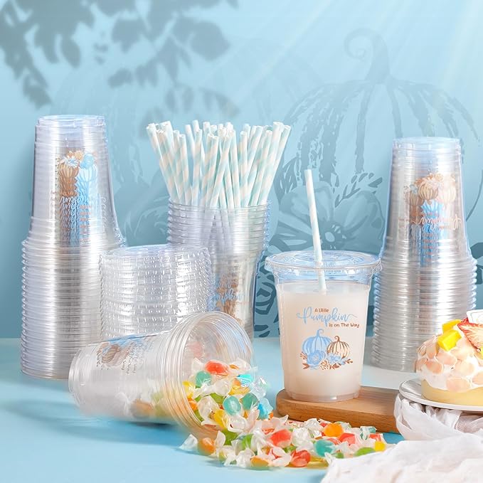 Yungyan 50 Pcs 16 oz Blue Little Pumpkin Baby Shower Plastic Cups with Lids and Straws a Sweet Little Pumpkin Is on the Way Cups Disposable for Fall Thanksgiving Baby Shower Party Decoration Supplies