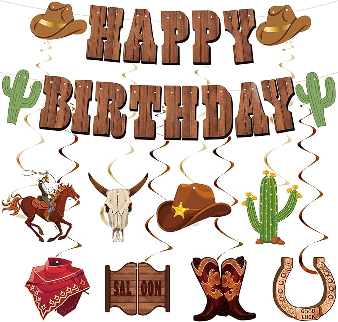 Western Party Decorations, Pre-Strung Western Birthday Banner,Cowboy Birthday Party Decorations, Rodeo Birthday Decorations,Western Birthday Party Decorations and Hanging Swirls, Cowboy Party Decorations
