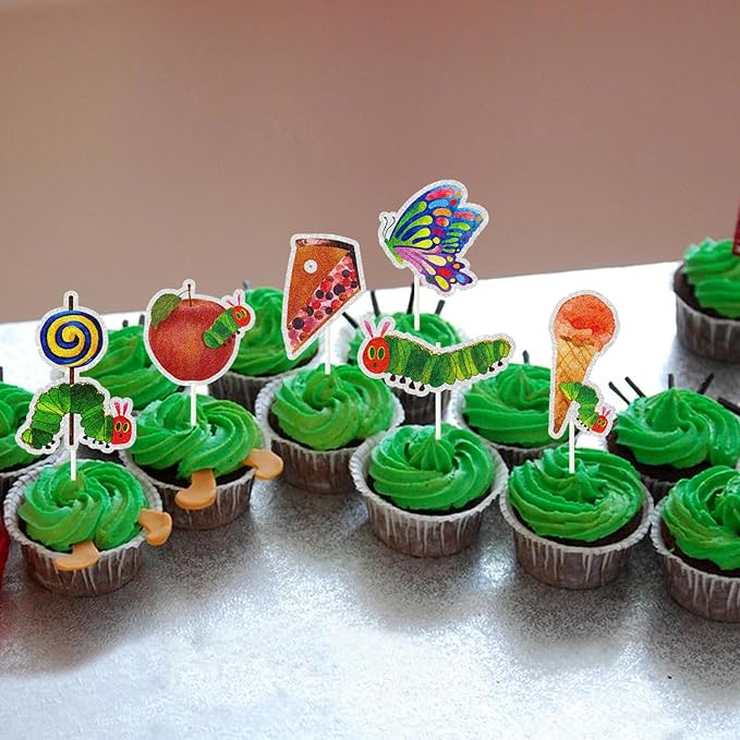 18pcs Hungry Caterpillar Dessert Cupcake Topper, Very Hungry Caterpillar Reading Story Theme Party Decorations for Boy Girl, Children's Fairy Tale Party or Birthday Party Event Supplies