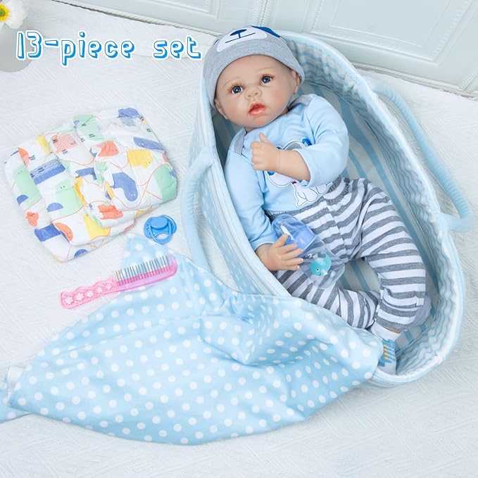 PEDOLLTREE Reborn Baby Dolls Clothes Boy Blue Dog Outfit Accessories 13 Pcs for 17-22 Inches Reborn Doll Newborn Boy with Blue Dot Bassinet
