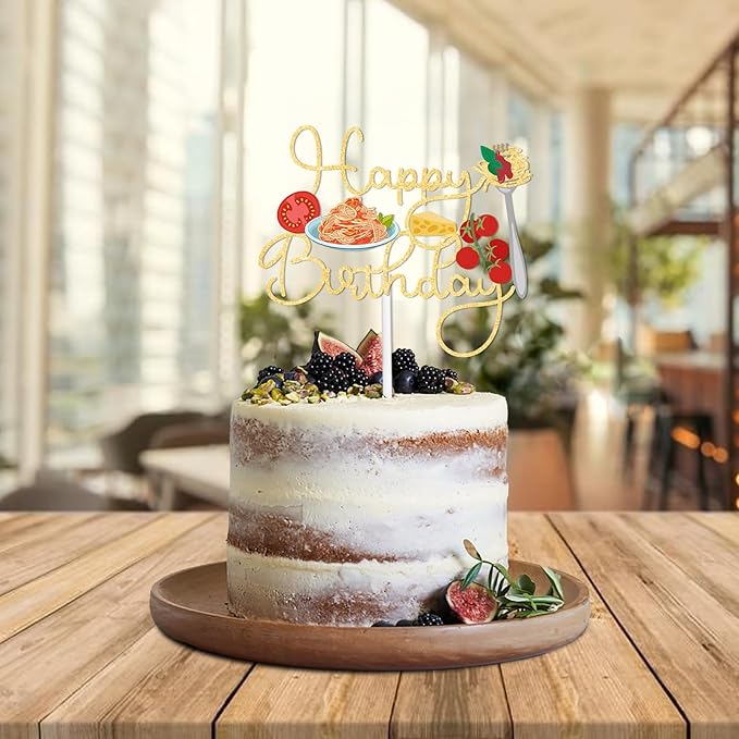 Gold Glitter Happy Birthday Pasta Cake Topper Cheer to Food Spaghetti Theme Party Decoration Supplies Men Women Happy Birthday Anniversary Wedding Party Decor Supplies