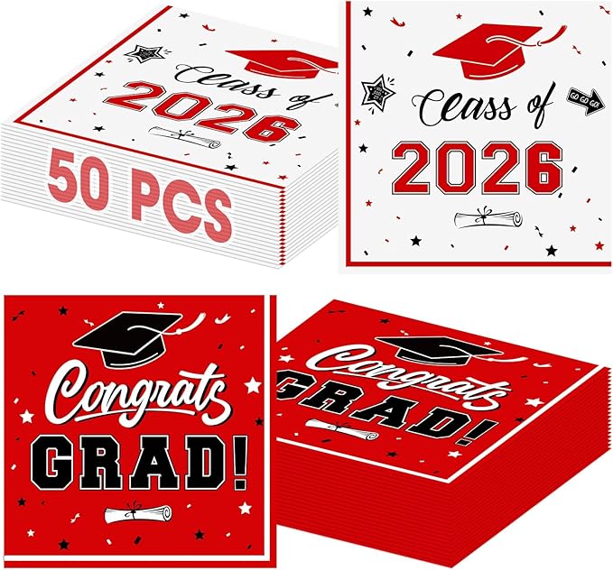50 Pcs Graduation Napkins Decorations - Red Class of 2026 Congrats GRAD 3-Ply Paper Cocktail Dinner Napkins Set for 2026 Graduation Party Supplies Table Decor Favors, 6.5 x 6.5 Inch