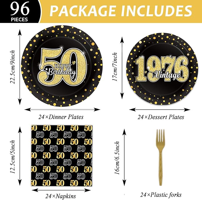 ZOIIWA 96 Pcs Vintage 50th Birthday Party Decorations Vintage 1976 Birthday Tableware for Men Woman Cheers to 50 Years Dessert Plates Napkins Forks for 24 Guests Back in 1976 Party Favors