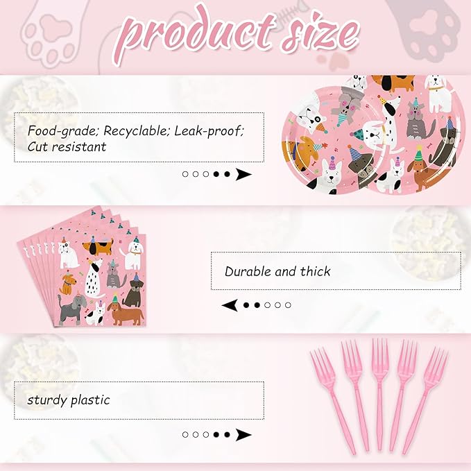 JarThenaAMCS 96Pcs Dog Birthday Party Supplies Disposable Dog Themed Tableware Include 24 Dinner Plates 24 Dessert Plates 24 Paper Napkins 24 Forks Pink Cartoon Dog Birthday Party Decor for 24 Guests