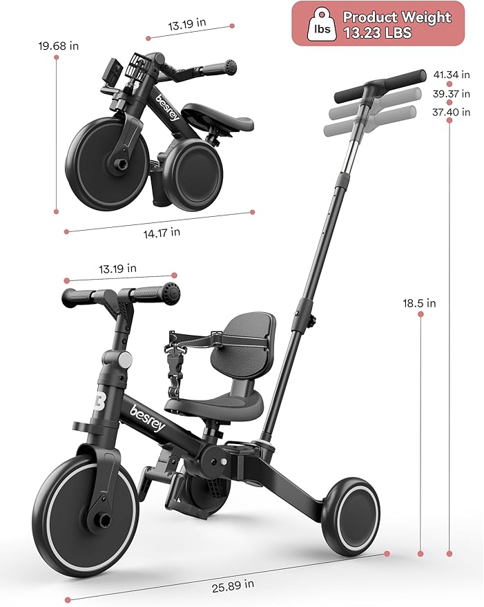 besrey 4 in 1 Toddler Bike, Toddler Tricycle for 1-3 Year Old, Trike with Push Handle, Backrest and Safety Belt, Birthday Gifts and Toys for Boys and Girls, Balance Bike (Black)