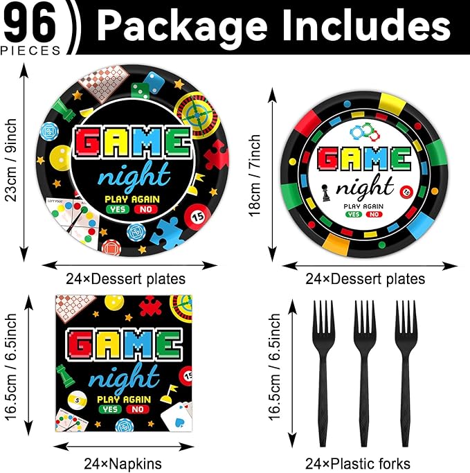 96Pcs Family Game Night Plates and Napkins Gaming Party Supplies Family Game Paper Plates Disposable Paper Plate Napkins Forks for Kids Adults Families Gamer Birthday Gaming Night Party Decorations