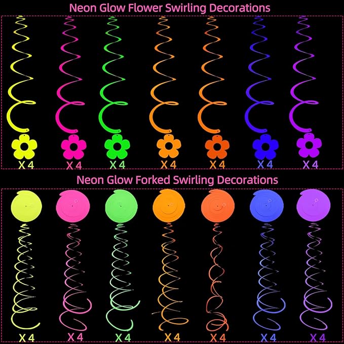 56 Pcs Hollow Flowers Hanging Swirls Decorations Neon Streamer for Ceiling Flower Neon Garlands Glow Party Supplies Decoration UV Black Light Neon Party Swirling Decorations for Dark Birthday Favors