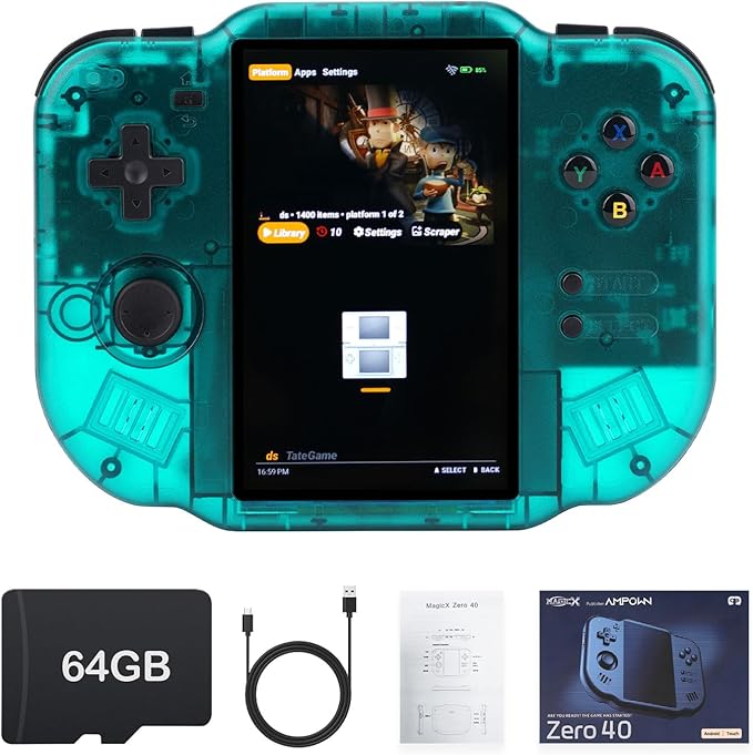 MagicX Zero 40 Handheld Game Console,4.0 Inch IPS Classic System and 4300mAh Battery Retro Video Games Consoles,with 64G TF Card and Wireless Networt Handheld Console Casual Game Console(Dark Green)