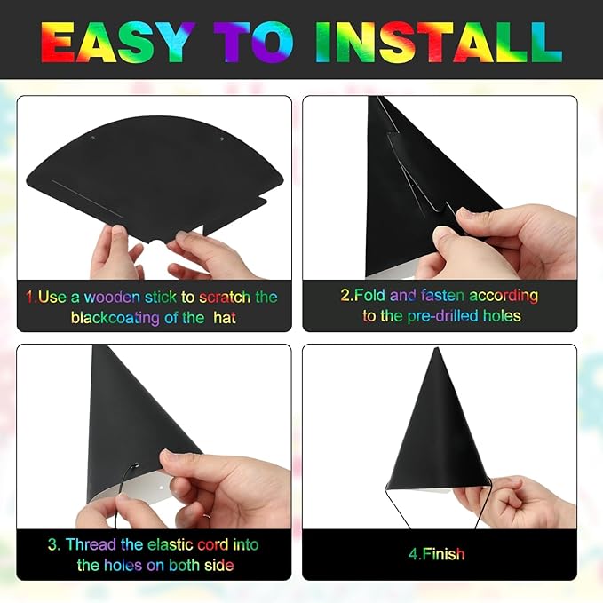 72 PCS Rainbow Scratch Party Hats Bulk Colorful DIY Birthday Cone Hats for Kids and Adults, Fun Birthday Decoration Supplies for Parties and Celebrations