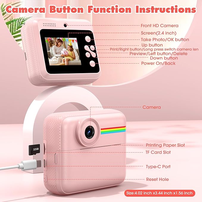Kids Camera Instant Photo Printing,HD Digital Video dual Cameras for Toddler,Kids Digital Camera That Print Photos Christmas Birthday Gifts for Boys and Girls with 32GB SD & 3 Rolls Print Paper (Pink)