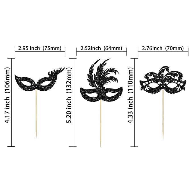 Gyufise 24Pcs Masquerade Masks Cupcake Toppers Glitter Bachelorette Party Mask Cupcake Food Fruit Picks Masquerade Mardi Gras Party Baby Shower Birthday Party Cake Decorations Black