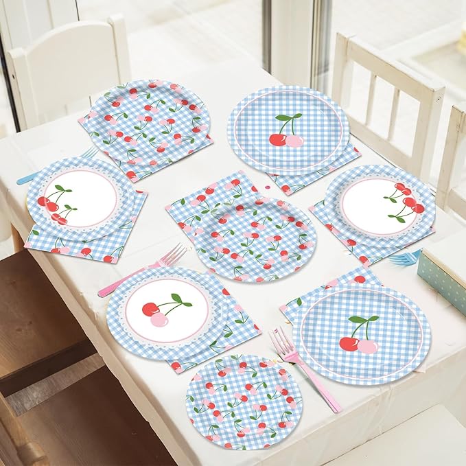96Pcs Cherry Birthday Party Decorations Cherry Plates and Napkins Blue Checked Paper Plates Cherries on Top Disposable Tableware for Baby Shower Bridal Bachelorette Supplies Cherries