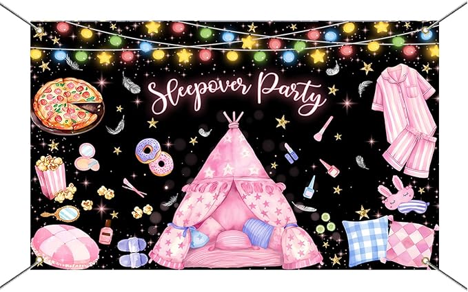 Mocsicka Black Sleepover Backdrop Party Decorations Slumber Pillow Fight Girls Night Photo Background Pajama Spa Make Up Birthday Decorations Party Supplies 70.8 x 43.3 Inch
