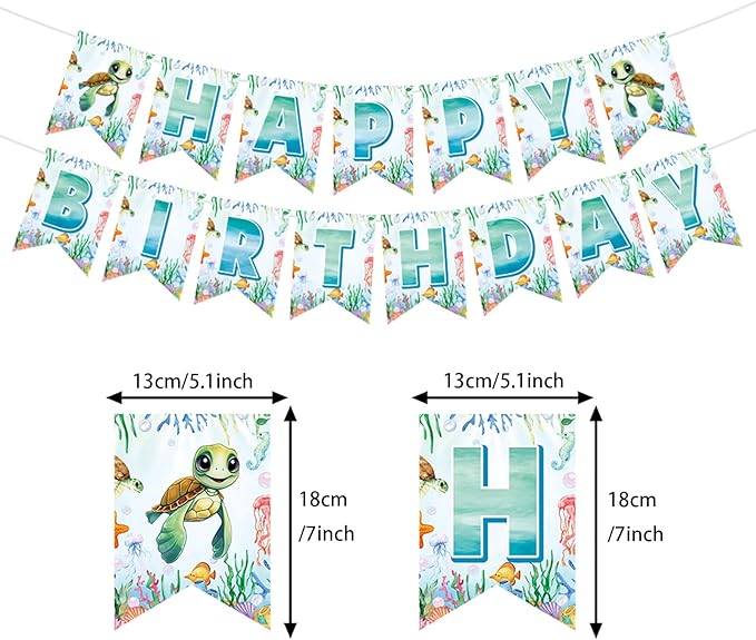 Zwiebeco Sea Turtle Happy Birthday Party Decoration Banner Bunting Garland Hanging Paper Swirls Kit for Ocean Animals Marine Organism Themed Boys Girls Kids Baby Shower Accessories Supplies