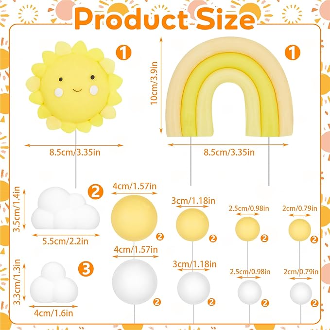 23 Pcs Sun Cake Toppers Soft Pottery with Sun Flower Smile Face Clouds Rainbow and Balls Cake Decorations for Sunshine Birthday Wedding Party Supplies