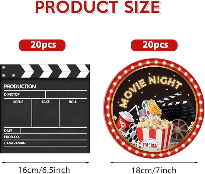40PCS Movie Night Party Supplies Movie Theme Birthday Party Plates and Napkins Set Movie Night Disposable Dinnerwares Favors for Movie Theme Party Decorations