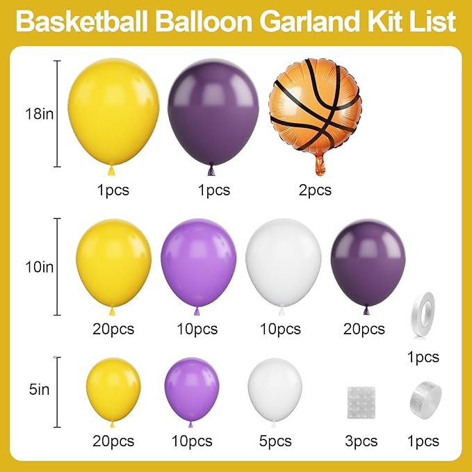 Purple Yellow Balloon Garland Arch Kit,Dark Purple White Latex Balloons with Basketball Foil Balloon for Boys Girls Birthday Graduation Party Decoration,Basketball Sport Theme Party Decor Supplies