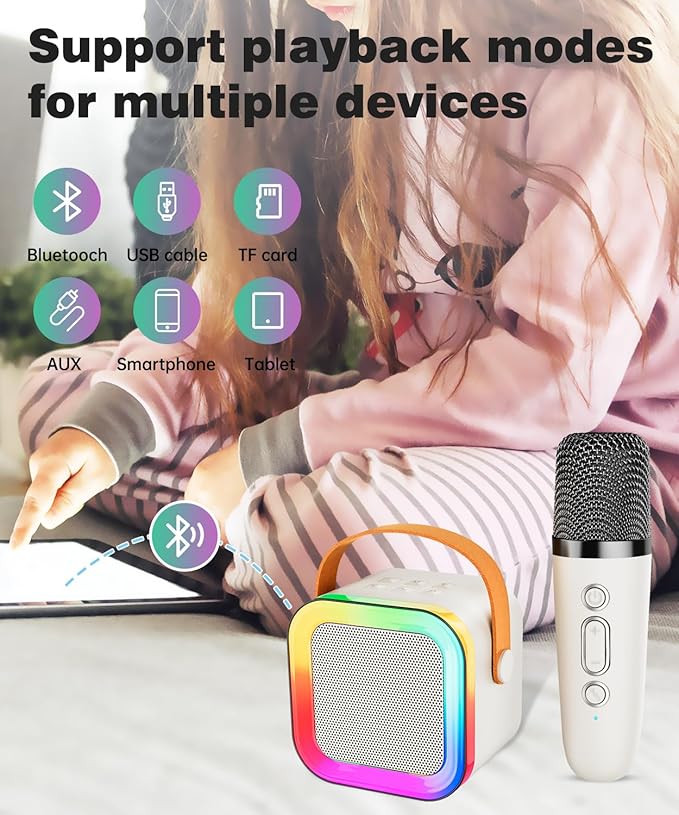 Mini Karaoke Machine Speaker for Kids Adults,Portable Bluetooth with 1-2 Wireless Microphones,Christmas Birthday Gifts Toys Girls Boys Ages 4, 5, 6,7, 8,9,10,11,12+ Years Old Toddler (Off-White -1Mic)