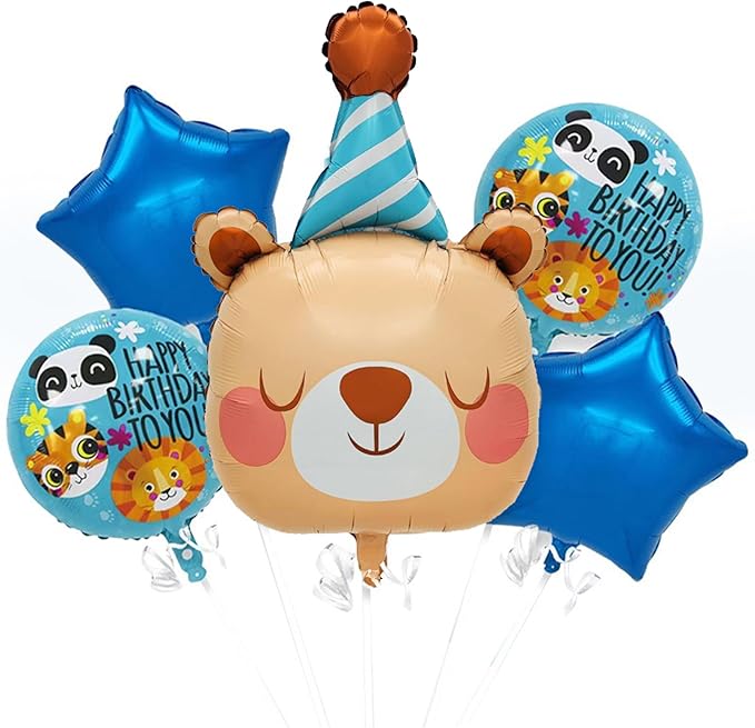 3D Bear Balloon,Kids Happy Birthday Star-shaped Balloon Party Decoration,Baby Shower Children Jungle Themed Decorations Woodland Safari Animal Balloons,5Pcs of Set