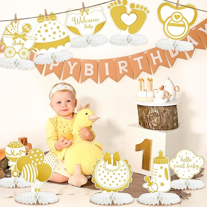 Tarklanda 12 Pcs Baby Shower Decorations Centerpieces Gender Reveal Gold Honeycomb Table Centerpiece for Birthday Party Baby Showers Table Topper Supplies