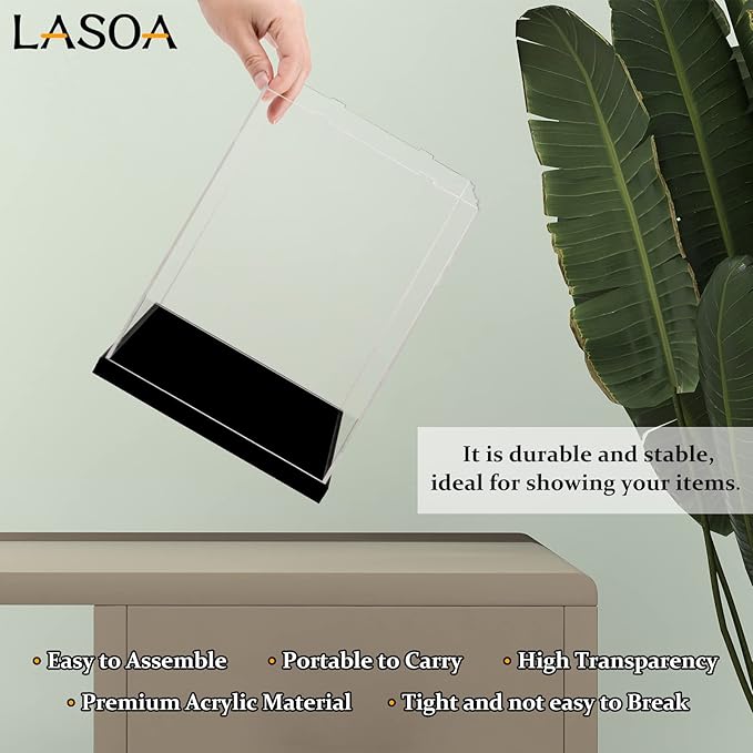 LASOA Acrylic Display Case for Collectibles with LED Light, Alternative Glass Display Box with Black Base and Lid, Self-Assembly Clear Storage Showcase for Memorabilia (9.8x7.9x9.8inch;25x20x25cm)