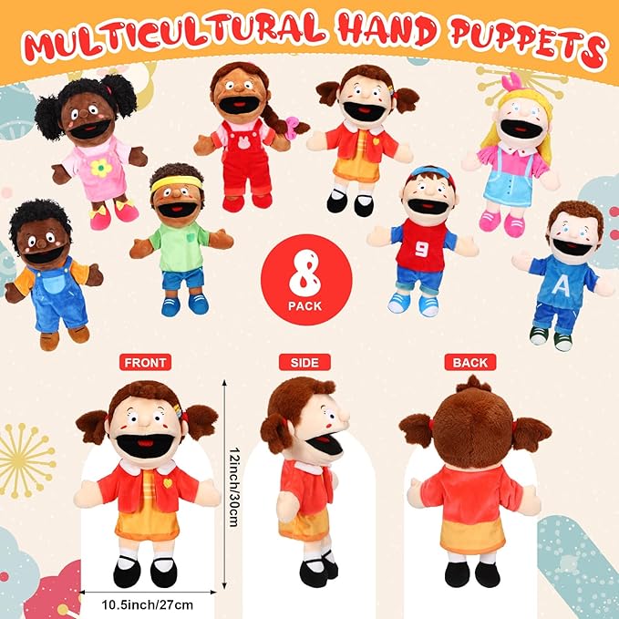 Lenwen 8 Piece Kids Hand Puppet Gifts Set 12 Inch Multicultural Plush Hand Puppets with Movable Mouth, Suitable for Classroom Interaction