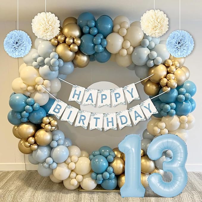 13th Birthday Decorations for Girls, Blue Official Teenager Decorations Light Blue White Gold Balloons Happy Birthday Banner Tablecloth Fringe Curtain Cake Topper Paper Pom Poms 13 Bday Boys Girls