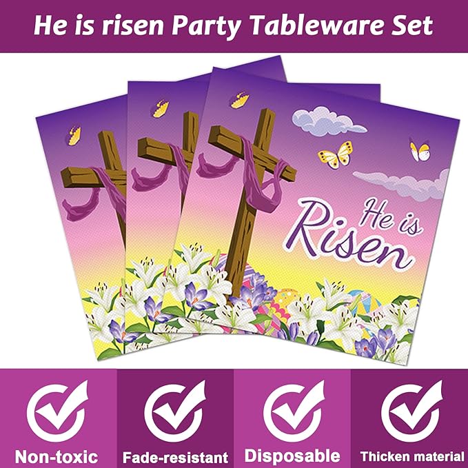 98 Pieces He is Risen Easter Party Decorations Easter He is Risen Tableware Set Religious Plates Napkins Tablecloth Christian Holiday Party Supplies Kit Tablecover Dinnerware Spring Favor