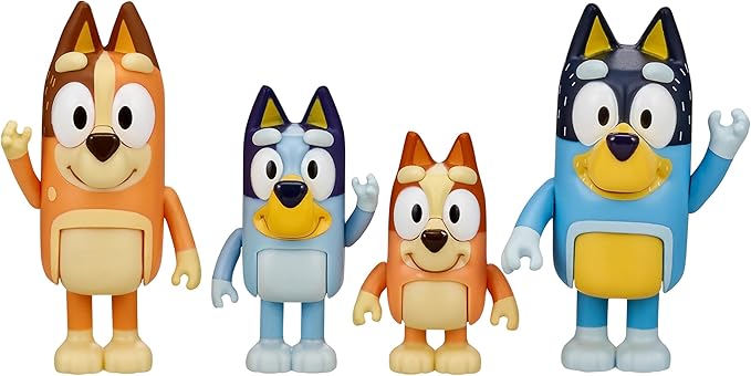Bluey Family Figure Pack of 4, Robust Poseable Character Toys with Bingo, Chilli, and Bandit Figures, Toddler-Sized Animal Figurines for Kids Ages 3+
