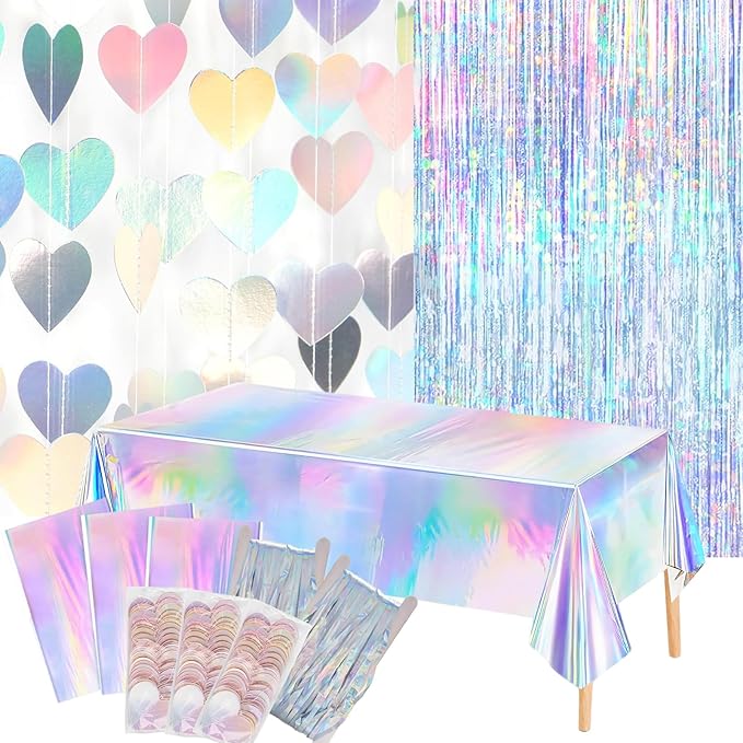 8 PCS Iridescent Disco-Holographic Party Decorations - Love-Heart Garland Streamers Banner, Disposable Laser Tablecloth, Tinsel Foil Fringe Curtains | Birthday, Bachelorette, Engagement, 90s, 80s