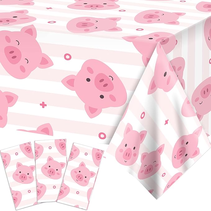 3 Pack Pink Pig Tablecloths for Birthday Party Decorations - Farm Animal Piggy Disposable Plastic Table Covers for Girls' Cartoon Party Supplies, 54 x 87 Inch