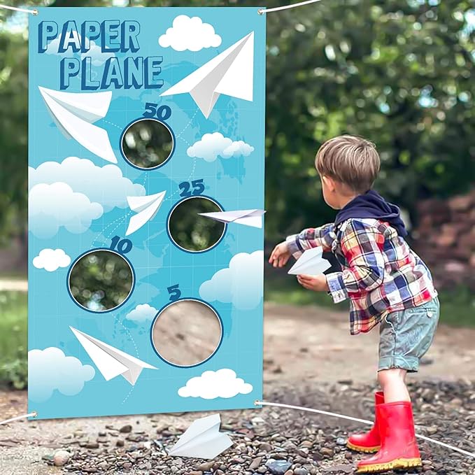 TICIAGA Paper Plane Toss Game Banner, Throwing Target Banner for Glider Airplane, Fun Add-on Toys for Flying Paper Plane, Outdoor Sport Activity for Kid Airplane Theme Summer Birthday Party Decoration