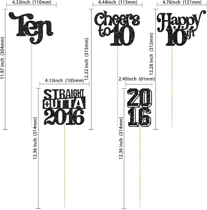 Gyufise 15Pcs Happy 10th Birthday Centerpiece Sticks Ten Straight Outta 2016 Table Flower Centerpieces Sticks Cheers to 10 Decorations for 10th Birthday Party Supplies Black
