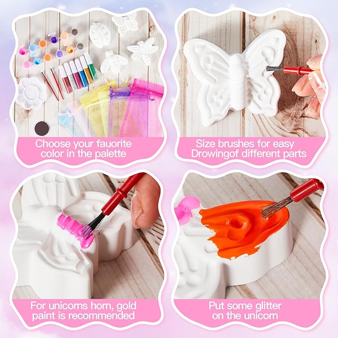 60 Pcs Plaster Painting Fairy Art Party Favors for Kids DIY Statues Craft Butterfly Insect Activities Birthday Supplies with Magnet Brushes Palette Organza Bag Gifts