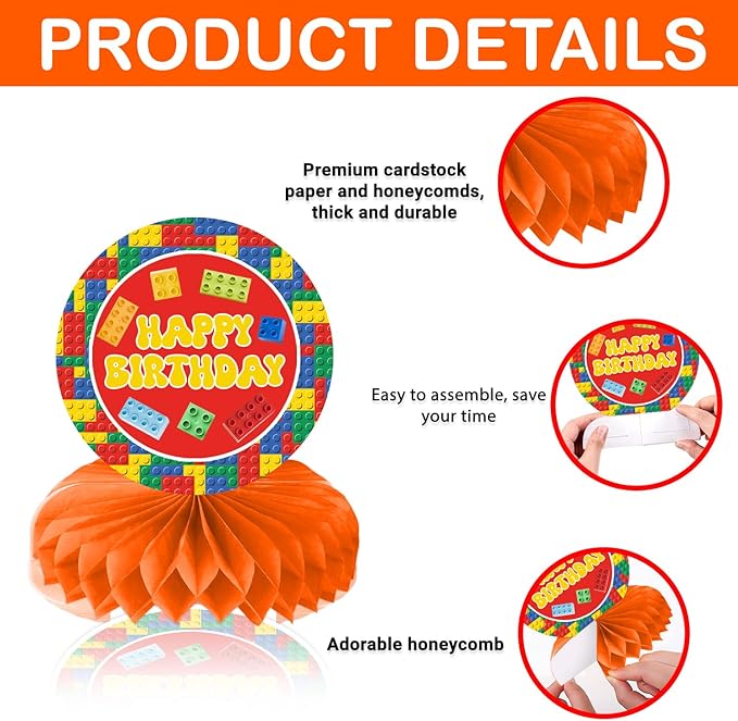 9PCS Building Block Honeycomb Centerpieces Themed Birthday Party Decorations Construction Centerpiece Table Decoration Party Favors Decor Supplies Gifts for Boys Girls Men Women
