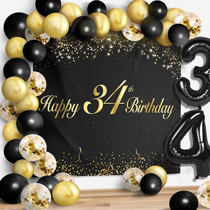 Happy 34th Birthday Balloons Black Set Decor - Cheers to 34 Years Old Party Theme Garland Banner Backdrop Decorations For Women and Men Supplies