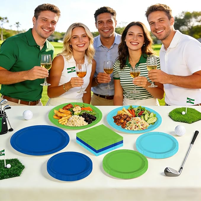 96Pcs Masters Golf Party Supplies Blue and Green Golf Plates and Napkins Disposable Heavy Duty Ocean Blue and Green Tableware Set for Birthday Graduation Masters Party Decorations Serves 24