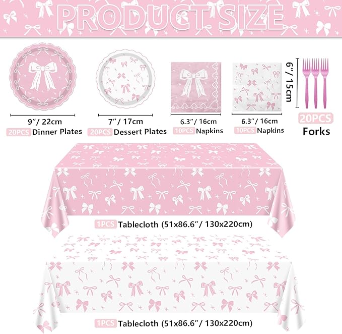 Pink Bow Party Supplies Set for 20 Guests, Including Tablecloths, Forks, Napkins and Plates for Pink Bow Birthday Decorations Coquette Birthday Party Bachelorette