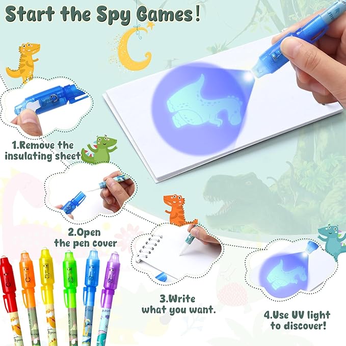Invisible Ink Pen and Notebook Pack, 24 Pcs Dinosaur Party Favors, Spy Pens with UV Light Magic Marker for Secret Message Dino Party Favors for Kids Boys Girls Birthday Gift School Stationery Set