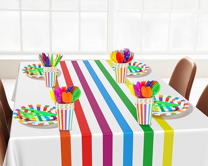 154 Pcs Rainbow Birthday Party Decorations 2 Rainbow Striped Tablecloth Disposable Dinnerware Set Colorful Plates Paper Cups Napkins Cutlery for Happy Birthday Wedding Party Supplies