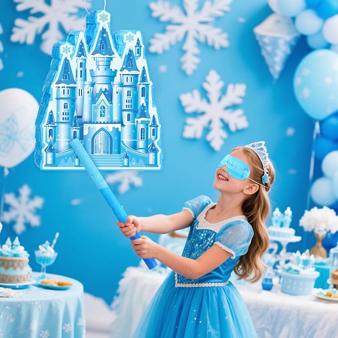 Princess Castle Piñata Blue Princess Birthday Party Supplies Blue Castle Piñata Set with Stick and Blindfold for Girls Kids Magical Wonderland Birthday Party Game Decorations Supplies