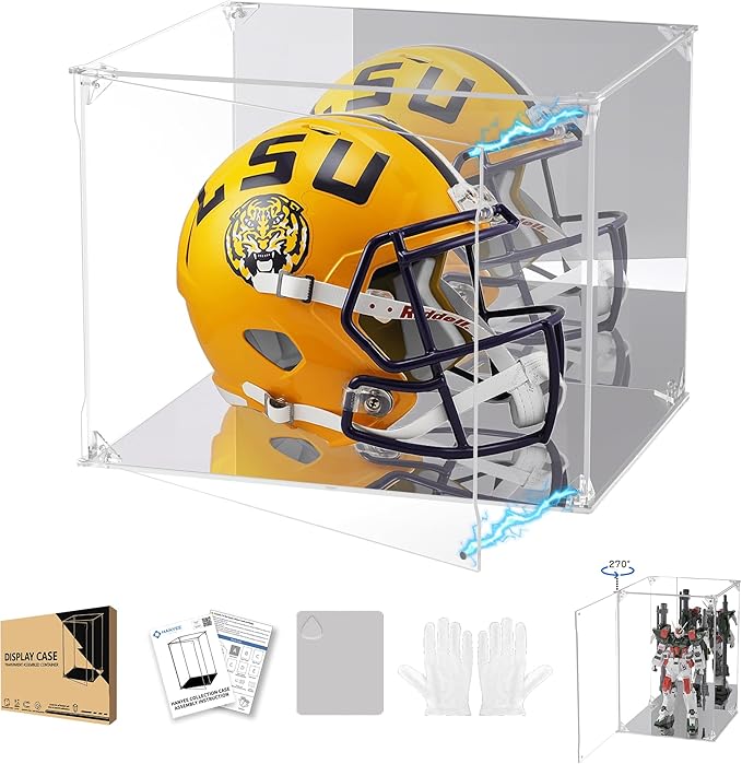 Football Helmet Display Case with Mirrored Back and Base,Full Size Acrylic Baseball Motorcycle Helmet Showcase with Magnetic Door, UV Protected Display Box Showcase for Collectibles(15.7x12x12inch)