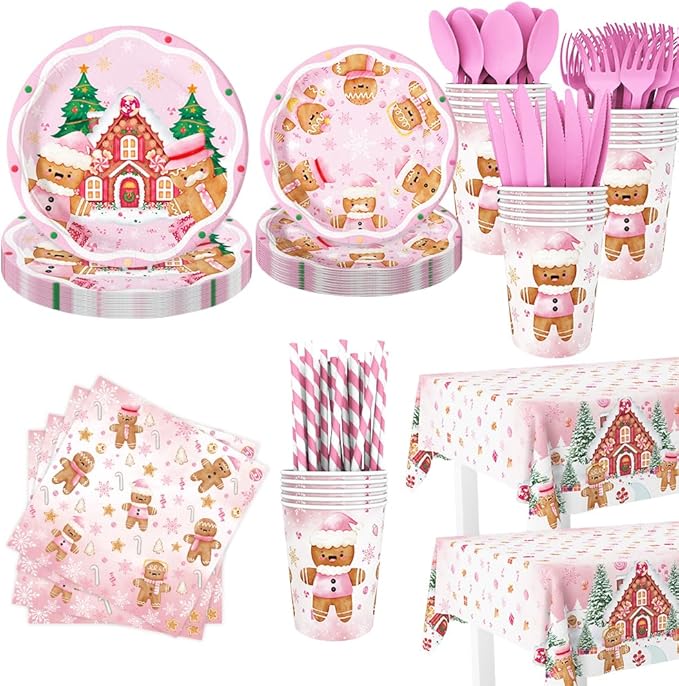 194 Pcs Christmas Party Supplies Decorations Pink Gingerbread Party Decorations Gingerbread House Cookie Christmas Disposable Tableware Set with Plates Napkins and Tablecloth Serves 24 Guests