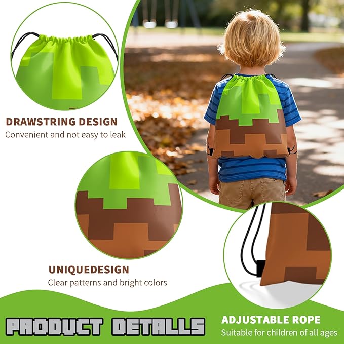 Pixel Theme Party Favors, Miner Game Birthday Party Supplies & Goodie Bags for Kids, Include Drawstring Bags Notebook Silicone Bracelet Highlighter for Gifts Fillers
