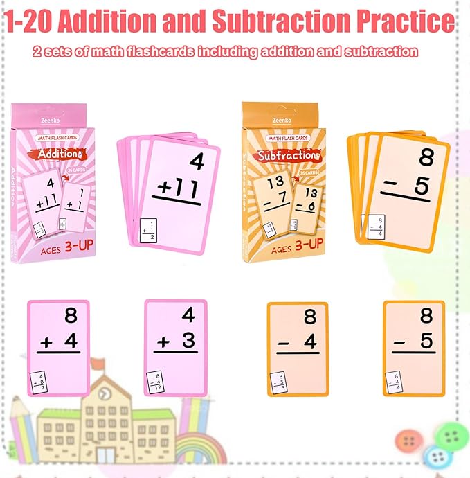 72 Pcs Math Flash Cards, 1-20 Addition and Subtraction Flash Cards for Studying, Math Manipulatives for Kindergarten Elementary Homeschool Classroom, Learning & Education Math Games for Kids Ages 4-12
